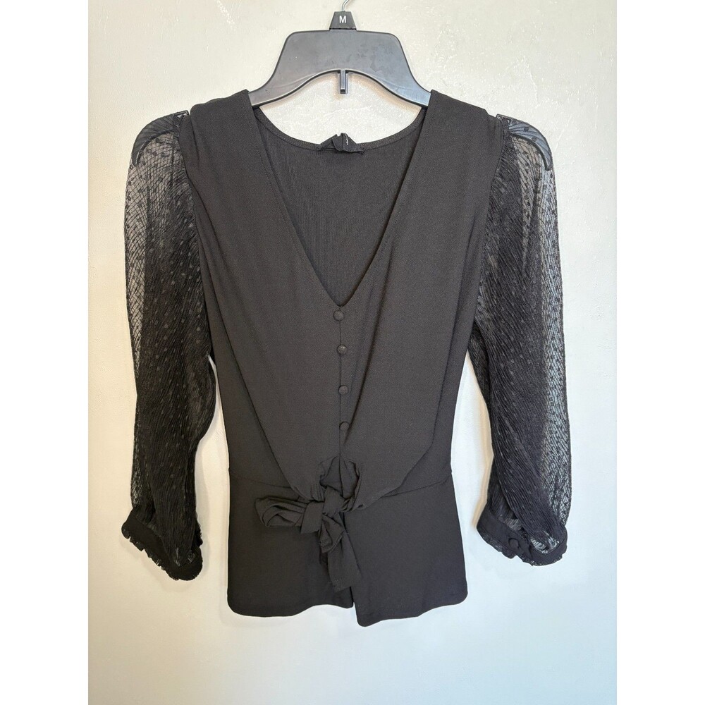 Flowers&Feather Womens Black Button Tie Front Sheer Sleeves Blouse Size Medium